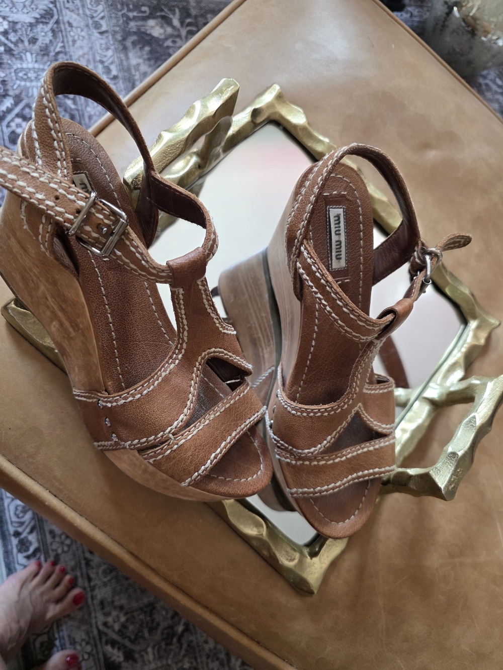 Miu Miu Tan Leather Wedge Sandals with Wood-Effect Platform - Picture 2 of 3